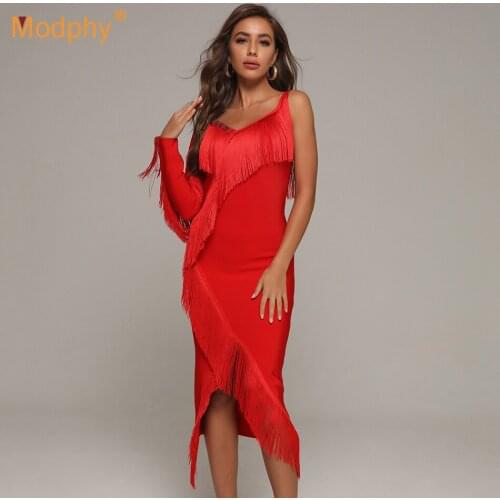 Sexy V-neck One Shoulder Long Sleeve Beaded Tassel Midi Bodycon Bandage Dress 2020 Autumn Elegant Evening Party Dress Vestidos