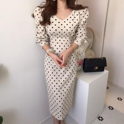 French Style Spring Autumn Women Casual Polka Dot Print A-Line Party Corduroy Dresses Eleagnt Lace-Up Slim Vintage Work Dress