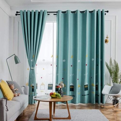 Embroidered House Curtains for Kids Boy Nursery Cartoon House Building Cotton Linen Grey Blue Kindergarten Bay Window Drapes