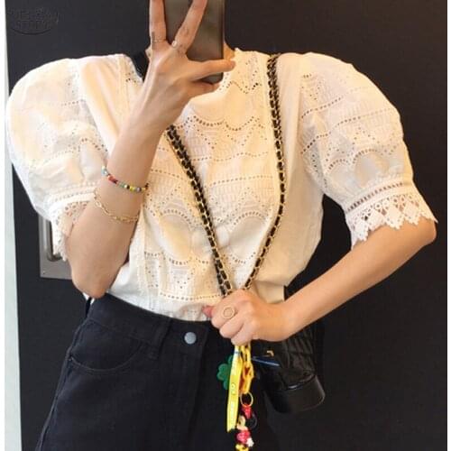 Sweet Puff Short Sleeve Women Shirts 2021 Summer Korean Style Hollow Out Women Blouses Casual O Neck Ladies Tops Female 15181