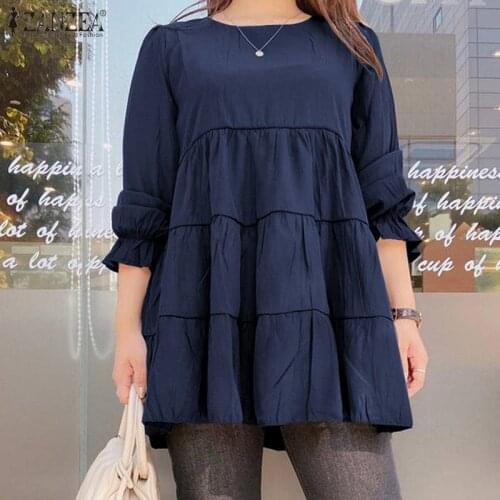 2021 Ruffle Blouse Women ZANZEA Ladies Elegant Shirts Casual Puff Sleeve White Tops Autumn O Neck Blusa Femininas