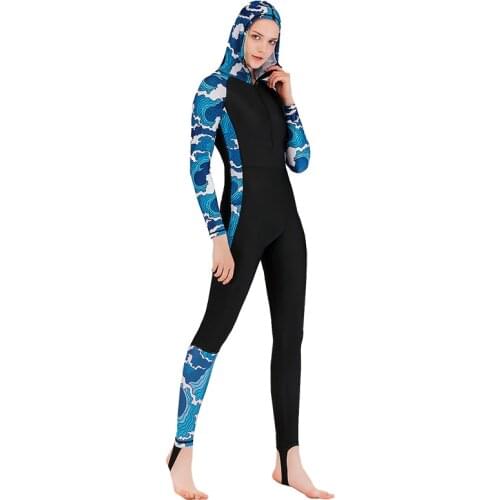 Women One Piece Long-Sleeve Surfing Suit Sun Protection Hoodie Stinger Suit Dive Skin UV Protection Black Blue