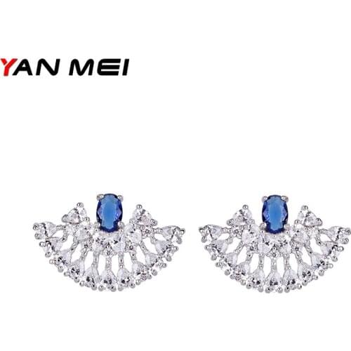YAN MEI White Gold Color Delicate Cubic zirconia Micro Paved Fan Shape Stud Post Earrings For Women Brincos Girl Jewelry