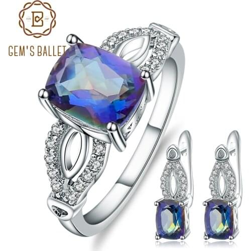 GEMS BALLET New 5.98Ct Natural Blueish Mystic Quartz Jewelry Sets For Women Wedding Pure 925 Sterling Silver Earrings Ring Set