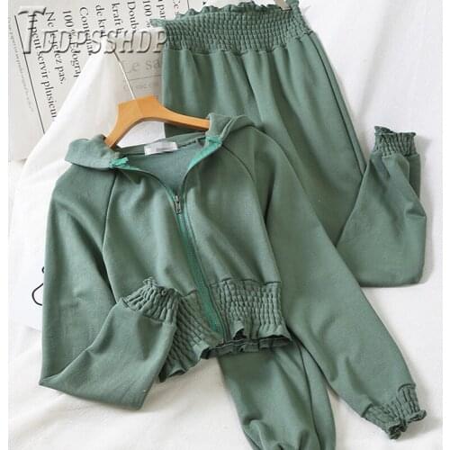 2019 Korean Casual Women Sets Hooded Coat And Pants Female Sets