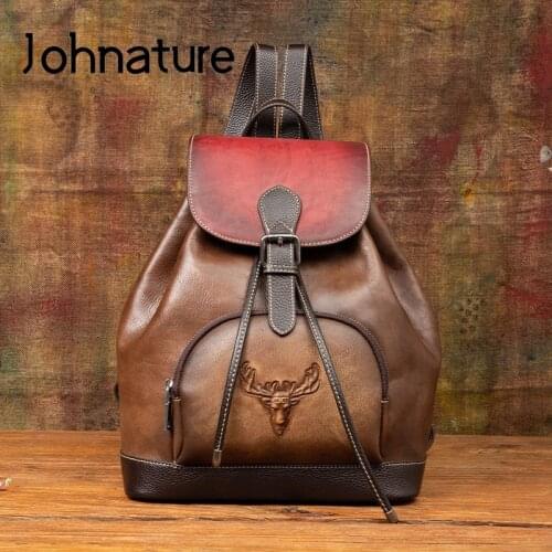 Johnature 2021 New Retro Backpack Women Bag Handmade Embossing First Layer Cowhide Large Capacity Leisure Outdoor Travel Bags