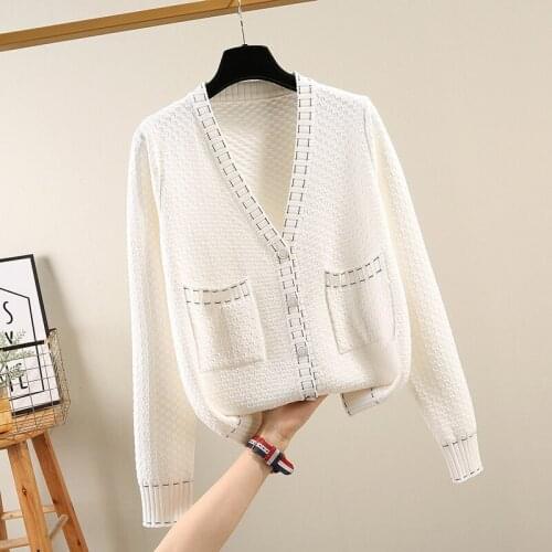 Pockets knitted women sweater and cardigan button solid loose silk knitted female lady outwear coat tops