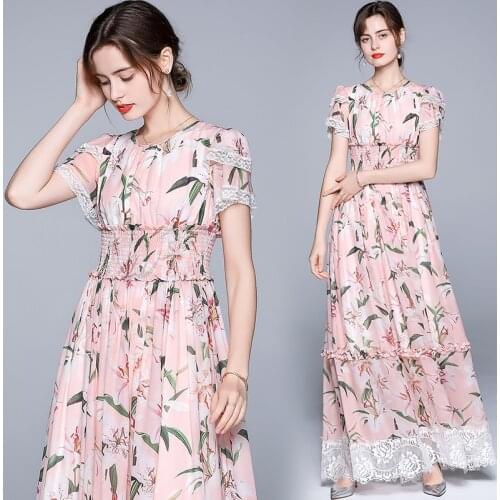 WTIANYUW New 2021Summer Runway Vacation Maxi Dress Women Short Sleeve Lace Splicing Floral Print High Elastic Waist Long Dress