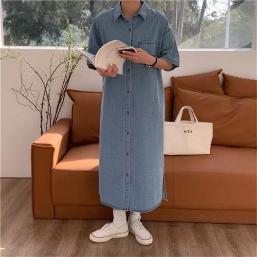 New blue woman dress Lapel loose commuting dresses for women Short sleeve dresses 2021