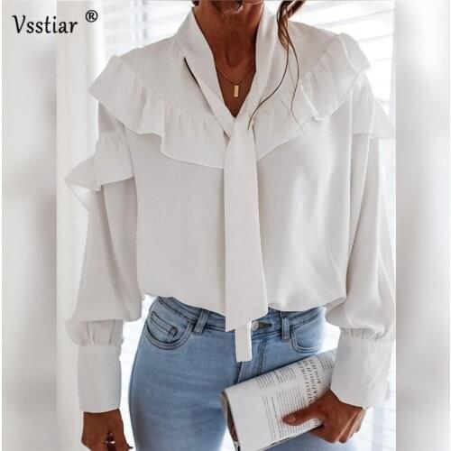 2020 Elegant Ruffles Blouse Women White Long Sleeve Office Blouse Autumn Winter Casual Solid Pluse Size Ladies Shirts
