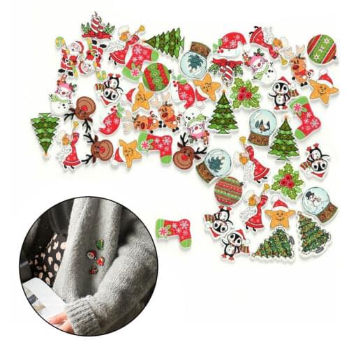 50Pcs Set Christmas Children Clothes Buttons Brooches Xmas Tree Santa Wooden Charms DIY Scrapbook Sewing Craft Decoration