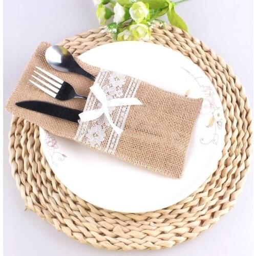50 Pack Natural Burlap Napkin Holders Cutlery Pouch for Vintage Wedding Decor Bridal Shower Party Table Decoration Jute Cutlery