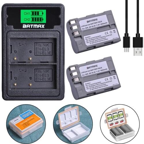 Batmax 2pcs EN-EL3E EN EL3E Battery akku +LCD Dual Charger with Type C Port for Nikon D30 D50 D70 D70S D90 D80 D100 D200 D300