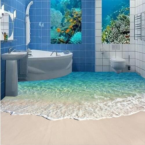 Beibehang Modern Floor painting HD blue sea reef scenery Waterproof Bathroom kitchen balcony PVC Wall paper Self wall sticker