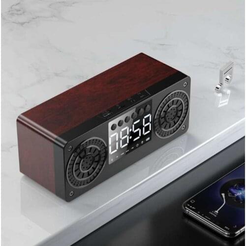 Queenview Bluetooth Wireless Speaker Portable Wooden Alarm Clock Bluetooth5.0 Bass Speakers with U Disk TF Card FM Time Display