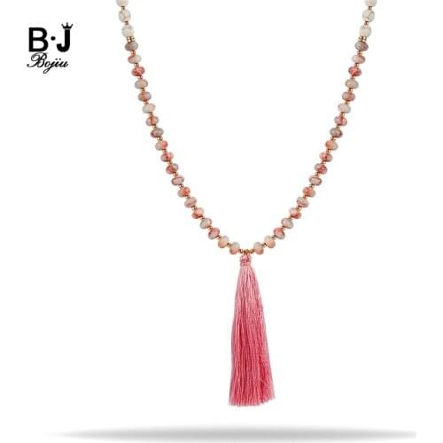BOJIU Fashion Natural Bead Handmade Pendant Necklaces Antique Rose Tassel Ethnic Bohemia Necklace for Women Collier Femme NKS160