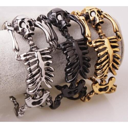 Big Skeleton Bones Statement Skull Bracelet Punk Jewelry Gold Color Stainless Steel Christmas Gift Gothic Bracelets Men