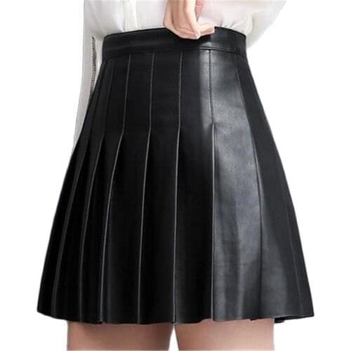 Plus Size Female Above Knee High Waist Short Skirt Women Stitching Pleated Autumn oversize Winter Genuine Leather Pleat Skirts