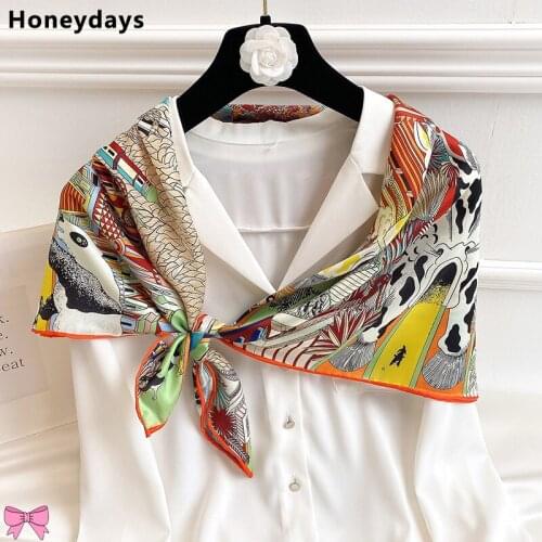 Fashion Animal City Print 90*90cm Square Scarf High-Grade Satin Kerchief Air-conditioned Room Shawl Summer Sunscreen Shawl Scarf