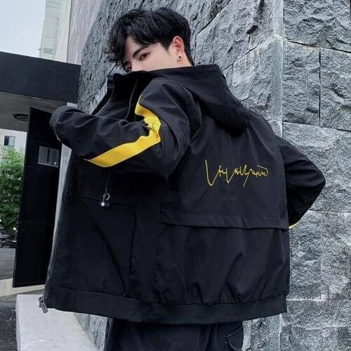 Men Zip Pockets Letters Print Hooded Jacket Long Sleeve Coat For Boys Outerwear Male Windbreakers