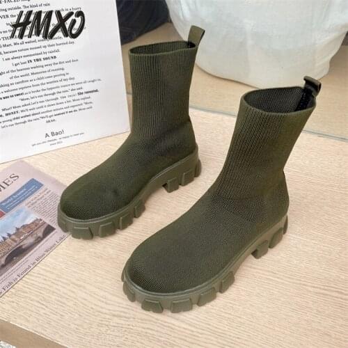 HMXO Autumn Plus Size Socks Boots Increased Hollow Breathable Knit Round Toe Short Tube Fashion Casual Women Boots Ankle Boots
