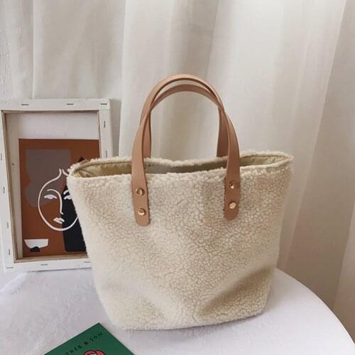 Casual Splicing PU Leather Plush Handbag Autumn Winter Women Large Capacity Top-Handle Bags Simple Pure Color Bucket Pocket
