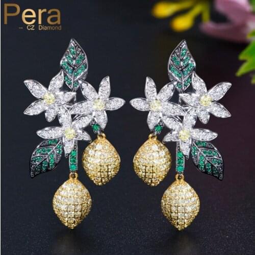 Pera Temperament Full CZ Stone Black Gold Dangling Luxury Leaf Flower Drop Earrings for Women Wedding Party Accessories E430