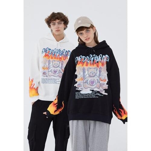 Dropshipping Hip Hop Flame Bear Print Sweatshirts Tops Men Women Autumn Winter Plus Velvet Hooded Pullover Loose Hoodies Outwear