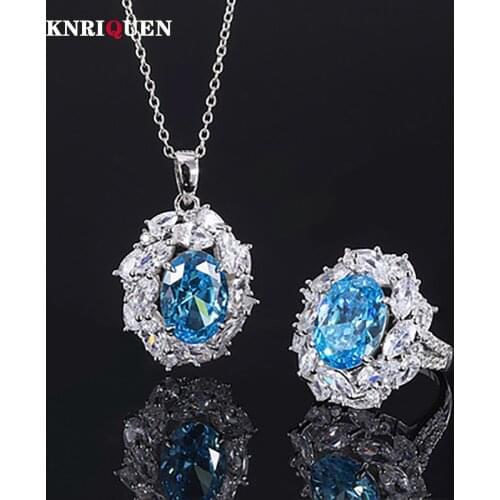 2021 Trend 925 Sterling Silver Wedding Jewelry Sets for Women 10*14mm Aquamarine Gemstone Pendant Necklace Engagement Ring Gift