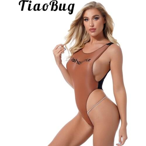 Women Round Neck Sleeveless Bodycon Bodysuit See-through Front Letters Print Leotard Contrast Color High Cut Crotchless Jumpsuit