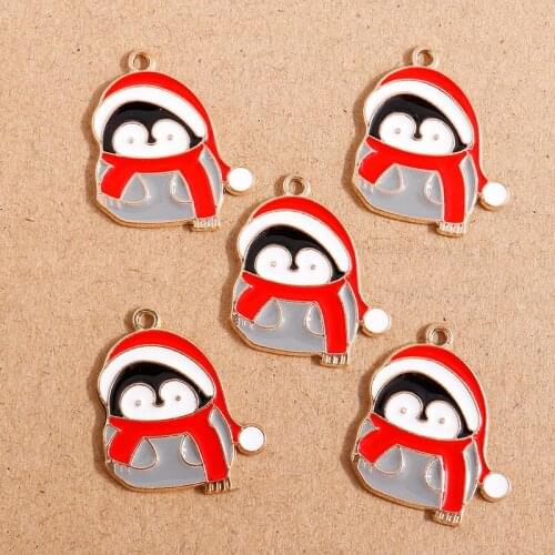 10pcs 24*27mm Cartoon Enamel Christmas Penguin Hat Charms Pendants for Making Necklaces Earrings DIY Handmade Jewelry Findings