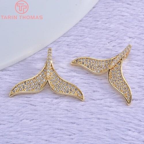 2PCS 28MM 24K Gold Color Plated Brass with Zircon Whale Tail Charms Pendants High Quality Jewelry Accessories