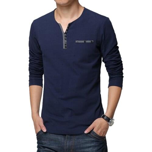 2020 Euro Style Autumn Mens T-shirt Button Decoration Long Sleeve T-shirt Casual T-shirt Pure Color Slim Fit T Shirt for Men