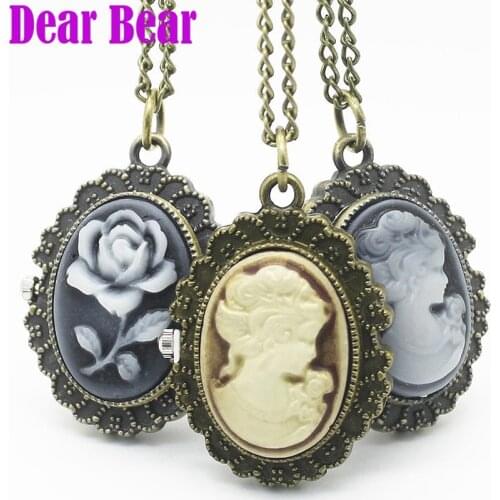 4002) Wholesale Vintage Lady Cameo Pocket Watch Necklace pendant, 12pcs/lot, free shipping
