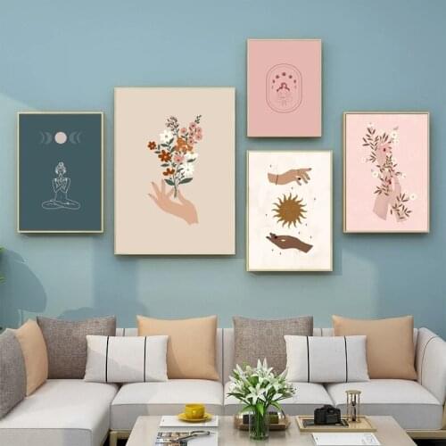 Abstract Mystic Hand Sun Boho Posters Print Yoga Girl Canvas Painting Print Mid Century Wall Art Pictures Living Room Home Decor