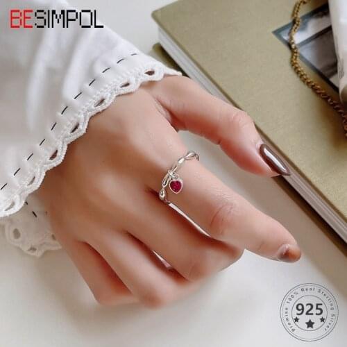 Besimpol Real s925 Sterling Silver Heart Ring Simple Fashion Adjustable Open Rings For Women Luxury Fine Jewelry Party Gifts
