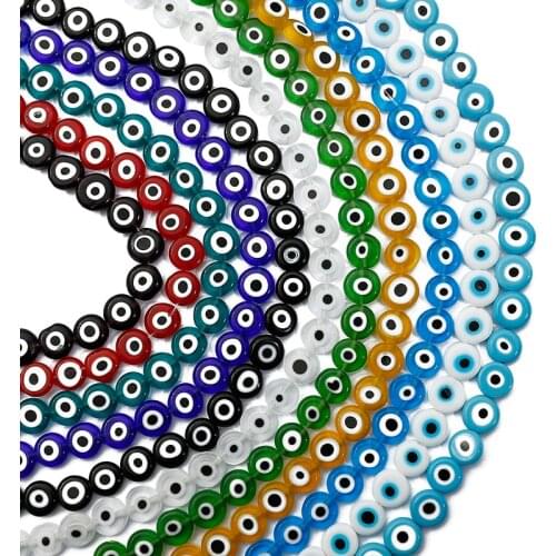 6/8/10mm Multicolor Round Flat Shape Evil Eye Beads Lampwork Glazed Glass Beads for Bracelet Necklace DIY Jewelry Making