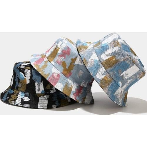 Hot Sale Ripped Denim Fishing Fisherman Hat Womens Summer Hip-hop Graffiti Reversible Unisex Bucket Hat Panama Bob Cap