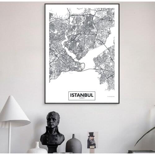 Famous City Map Turkey Istanbul Print Canvas Painting Wall Art Pictures Black White Posters Prints Living Room Home Decor