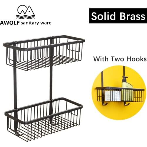 Brass 30cm Double Layer Bathroom Basket With Hooks Luxury Black Cosmetic Shelves Wall Storage Rack Holder Kitchen Hanging AZ5120