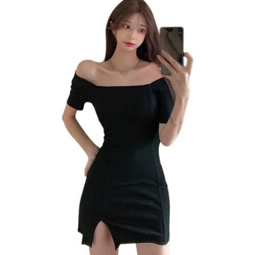 Fashion French Style Square Neck Women Dress Black Bodycon Dress Blue Dress Short Sleeve Summer Slim Dress