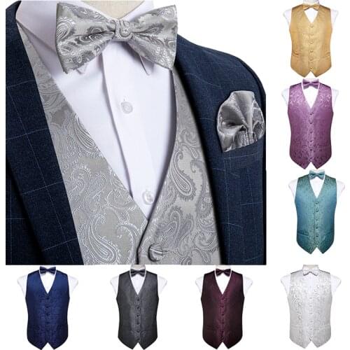 Mens Vest Gold Red White Blue Solid Paisley Silk Wedding Vest For Men Bowtie Hanky Cufflink Cravat Set for Suit Tuxedo DiBanGu