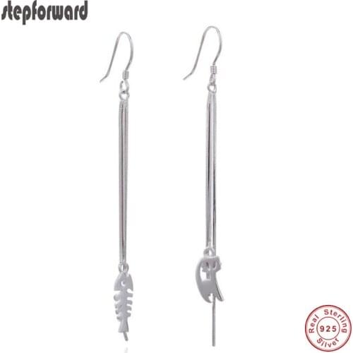 New Arrival Good Quality Elegant 925 sterling silver fish bone and cat long tassel earrings