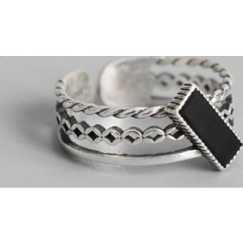 2020 New Arrival Hot Sale Solid Vintage Rings Double Layers Retro Black Glazed Rectangle Adjustable Ring Cool Gift