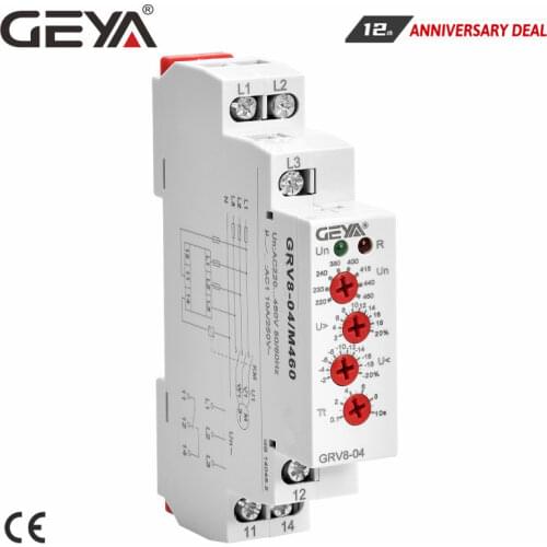 GEYA GRV8-04 3 Phase Voltage Monitoring Relay with Phase protection Delay Time Overvoltage and Undervoltage Relay Din Rail