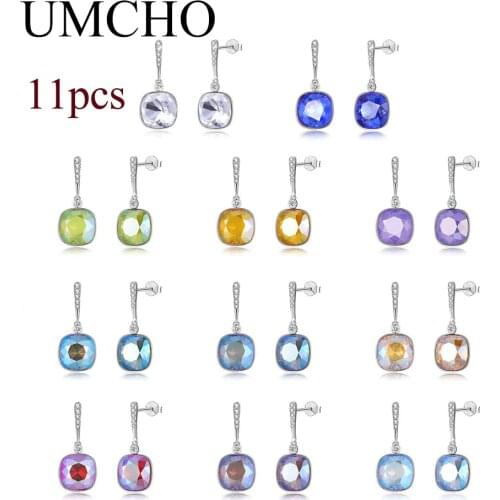UMCHO 11PCS Solid 925 Sterling Silver Created Crystal Stud Earrings Set for Women Girl Party Wedding Daily Jewelry Gift