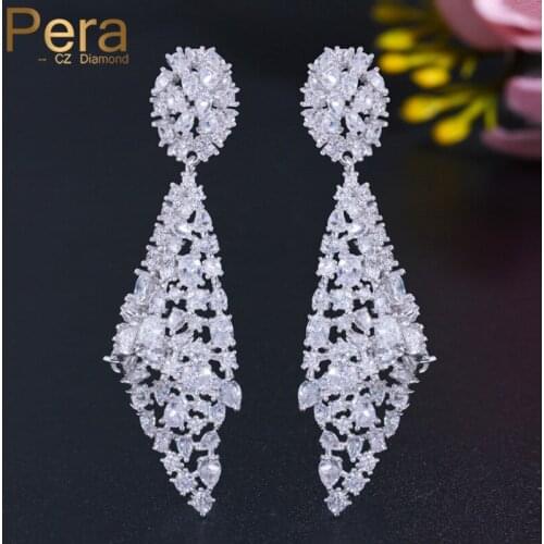 Pera Trendy Sparkling White Cubic Zirconia Elegant Jewelry Long Hollow Geometric Dangle Engagement Party Earrings for Women E612