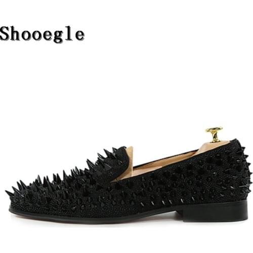 SHOOEGLE Newest Men Handmade Studs Spike Shoes Black Sliver Gold Glitter Loafers Shoes Runway Shining Rivets Party Wedding Shoes