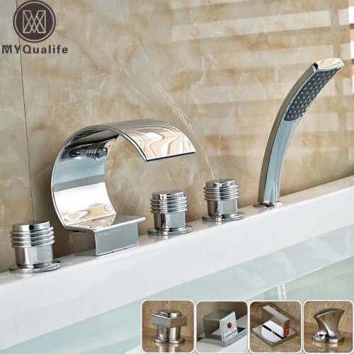 Bright Chrome Bathroom Waterfall Tub Mixer Faucet Set Deck Mounted with Handshower 3 Handles Widespread Bathtub Taps