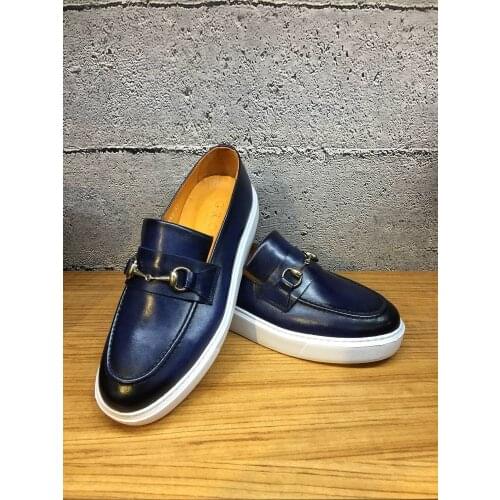 Handmade Slip On Sport Loafers with Lightweight EVA Sole, Darkb Blue Leather, Genuine Calfskin, Casual Mens Shoes